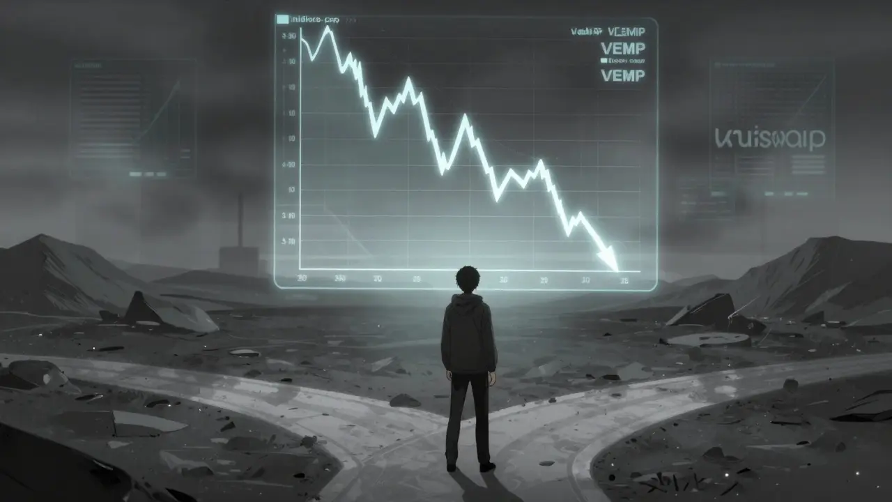 Anime character viewing a volatile crypto chart in a digital wasteland