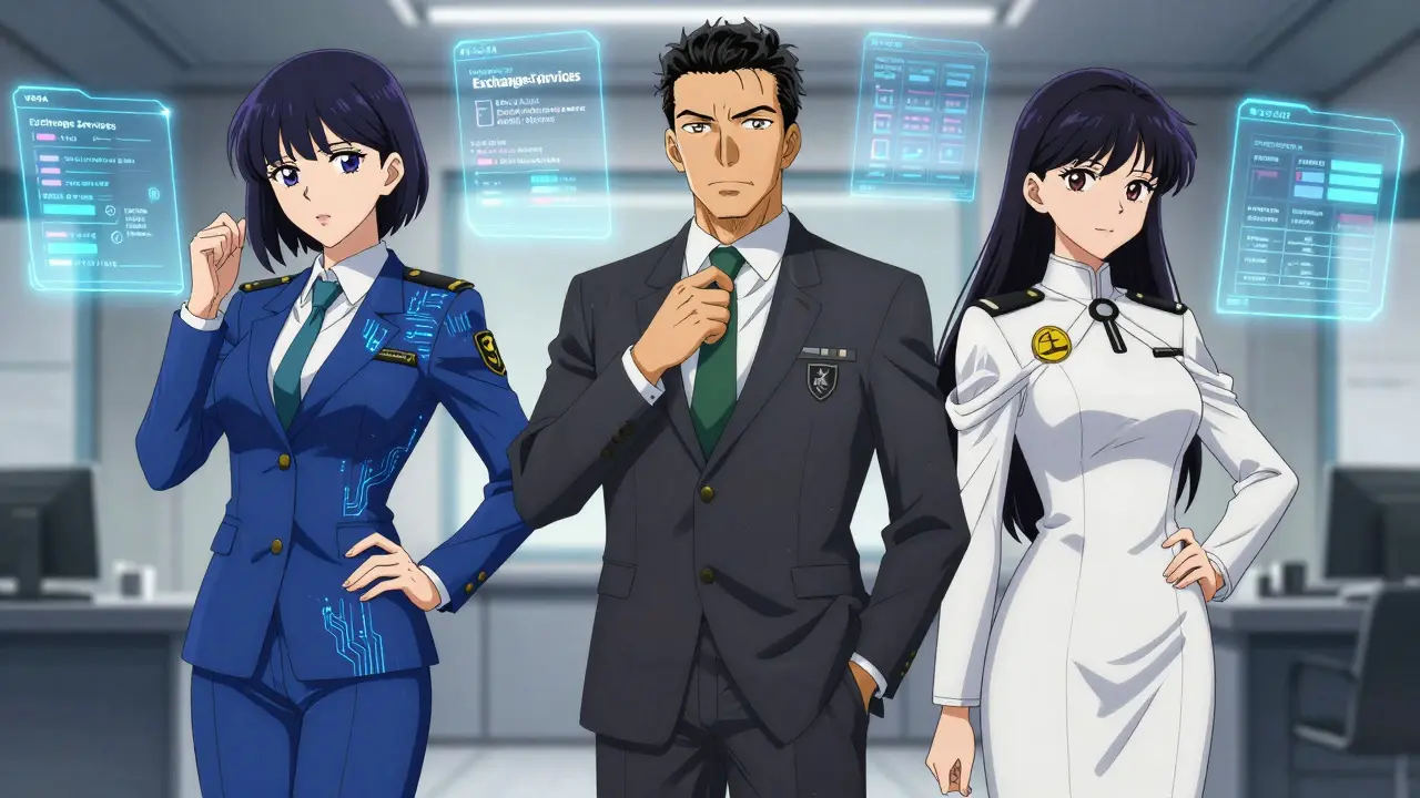 Anime characters representing VARA, DFSA, and FSRA regulators in a high-tech office setting