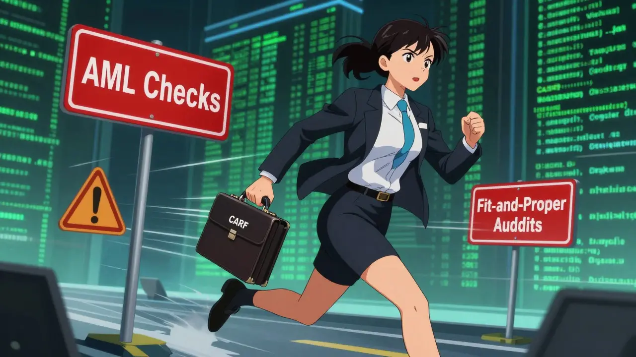 Anime compliance officer navigating digital data streams amid AML and audit hurdles