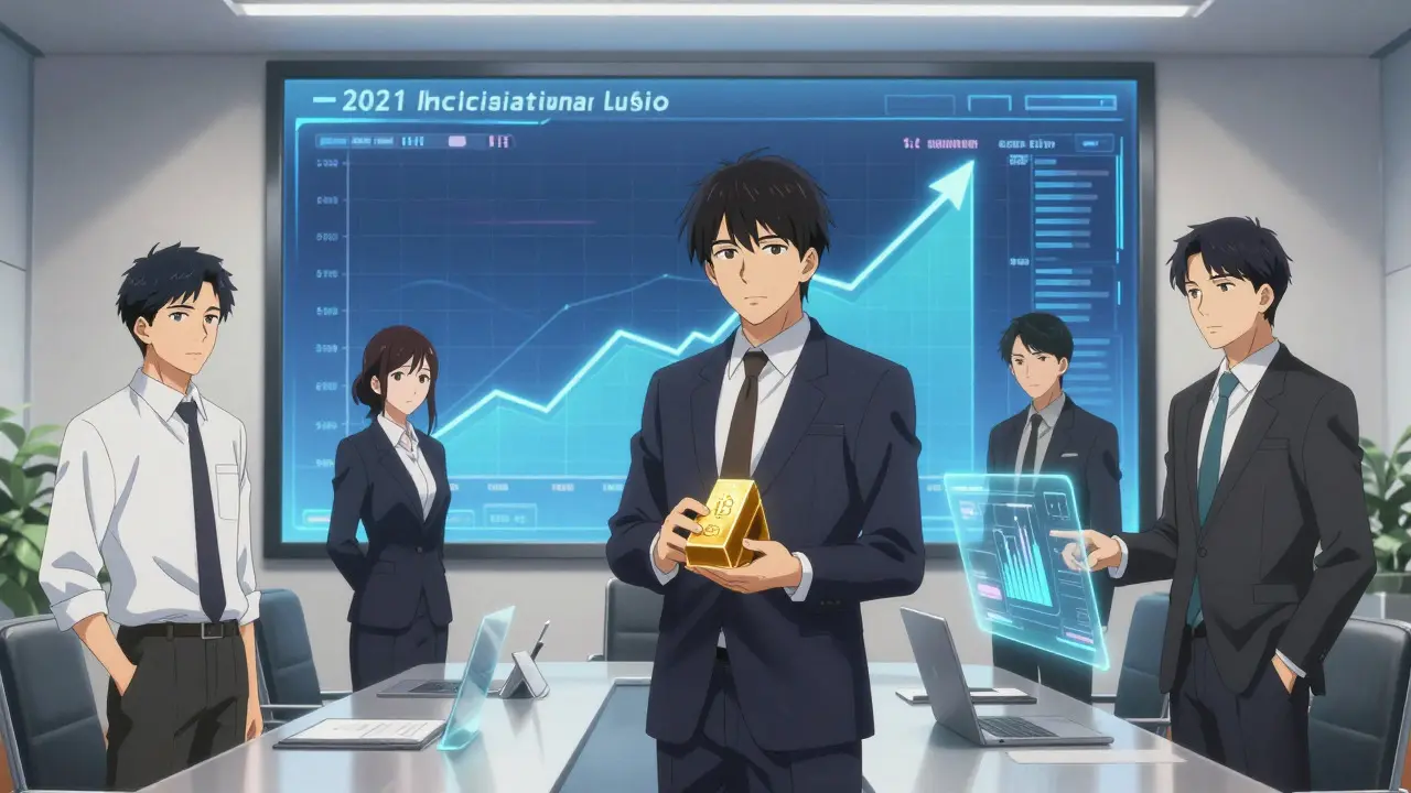 Anime depiction of professionals analyzing Bitcoin charts in a modern office