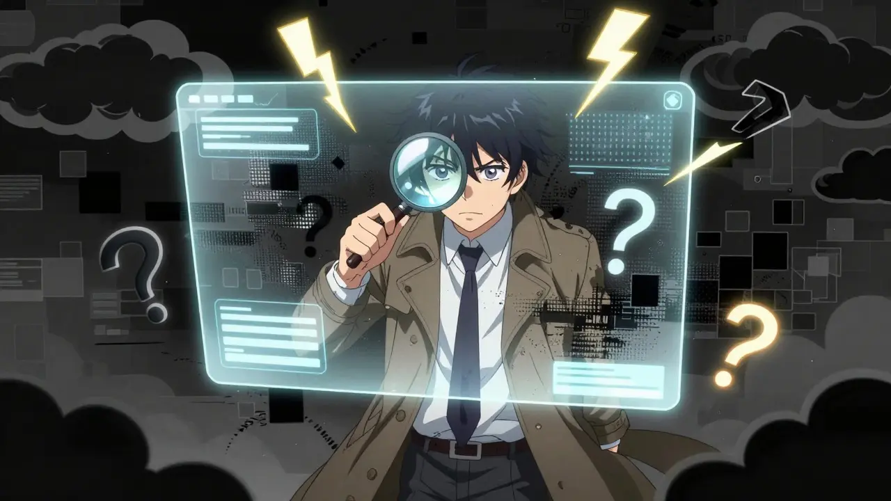 Anime detective examining obscured data, representing lack of transparency