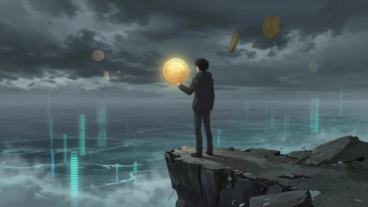 Anime figure holding fading coin on cliff edge over data sea