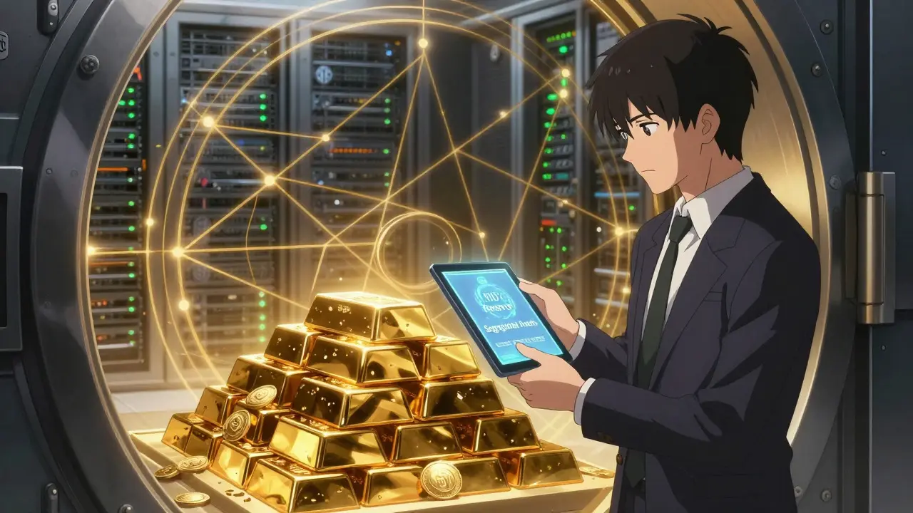 Anime figure inspecting secured crypto assets in a high-tech vault