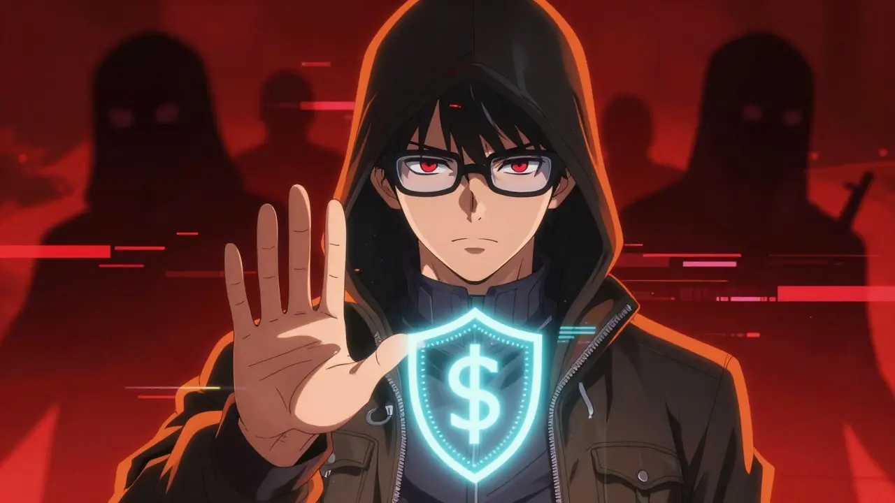 Anime hacker blocking phishing scams with a digital security shield