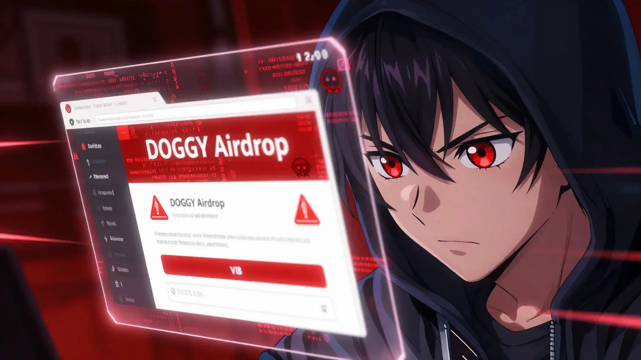 Anime hacker detecting a fake crypto airdrop scam on a screen