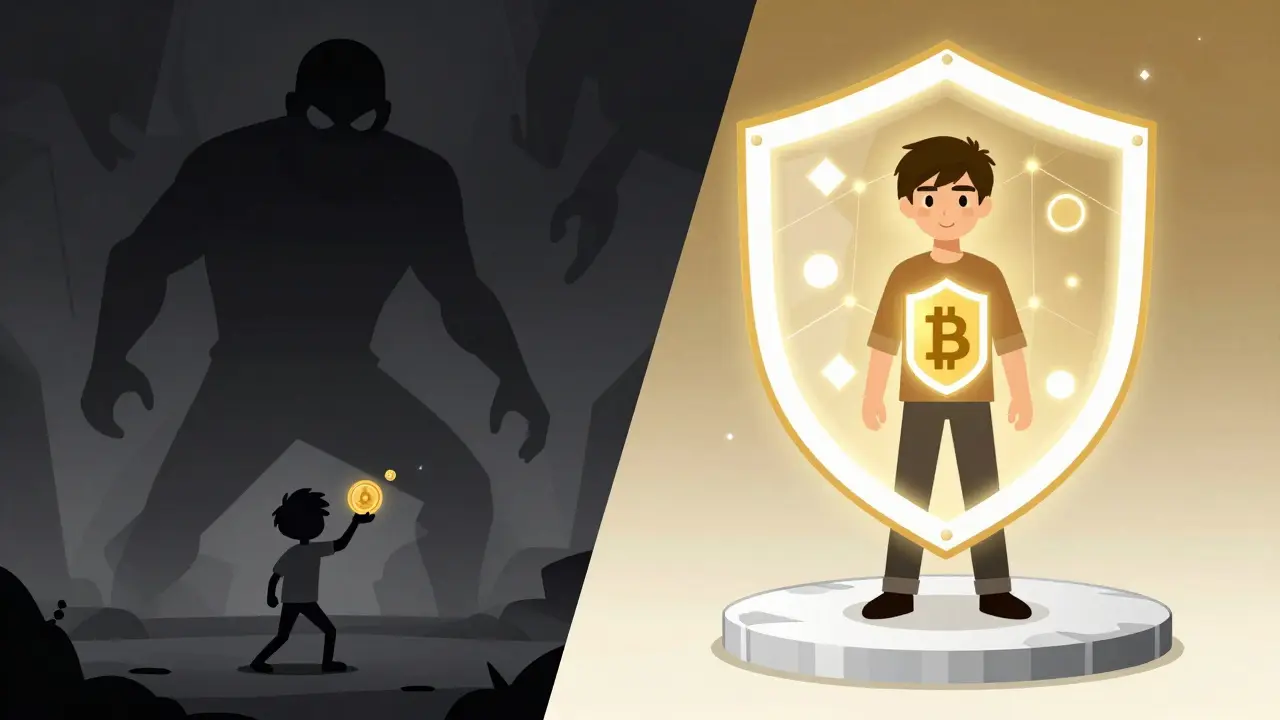 Anime illustration contrasting crypto risks with blockchain security shields