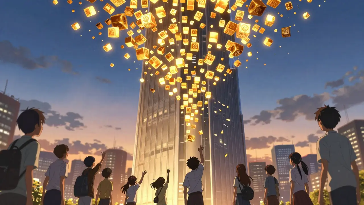 Anime illustration of a skyscraper turning into floating golden tokens for investors.