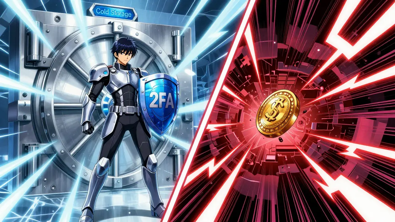 Anime illustration of cold storage security vs online threats