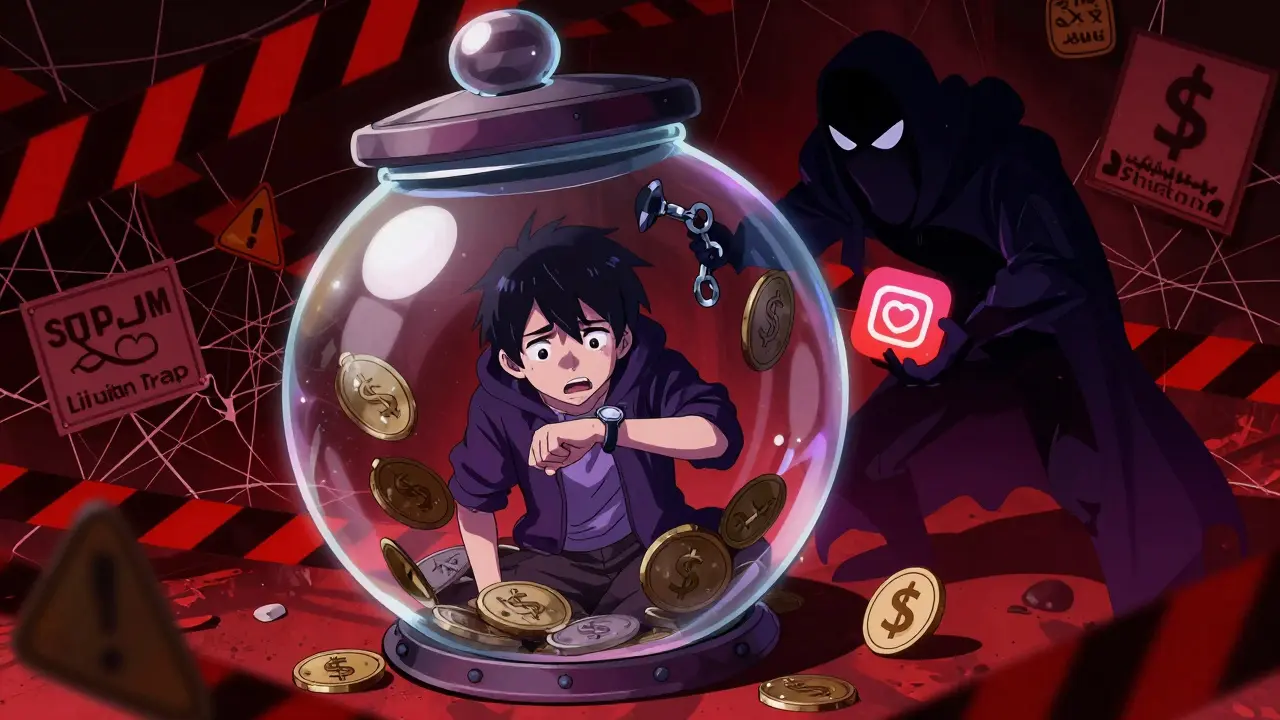 Anime illustration of user trapped in liquidity trap with scam risks