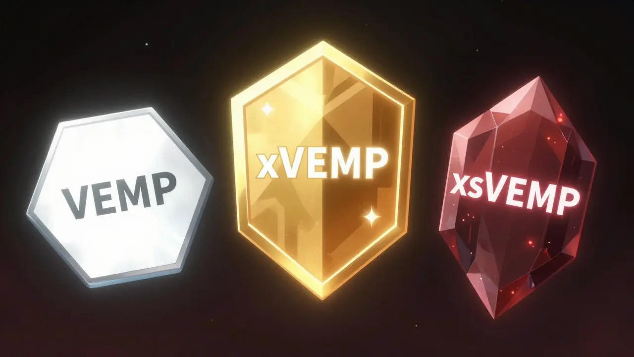 Anime illustration of VEMP, xVEMP, and xsVEMP tokens floating in space