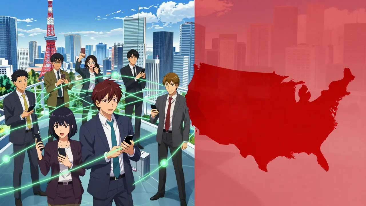 Anime scene showing global traders connected digitally while US access is restricted.
