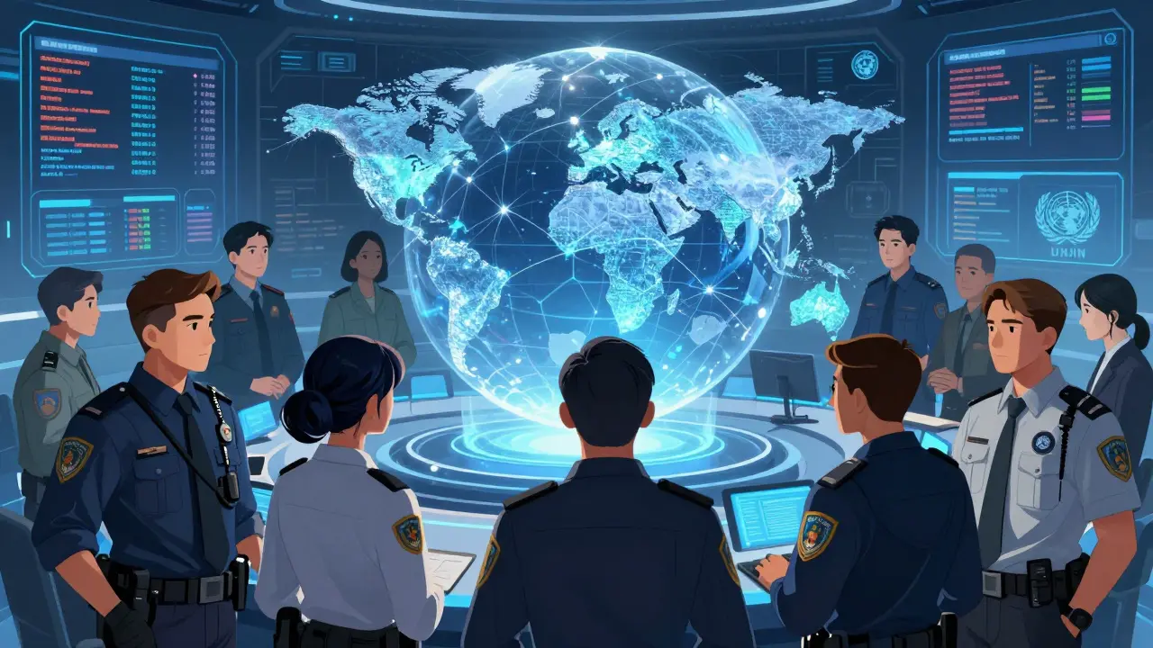 Anime style: Analysts in command center tracking sanctioned wallets on holographic global map.