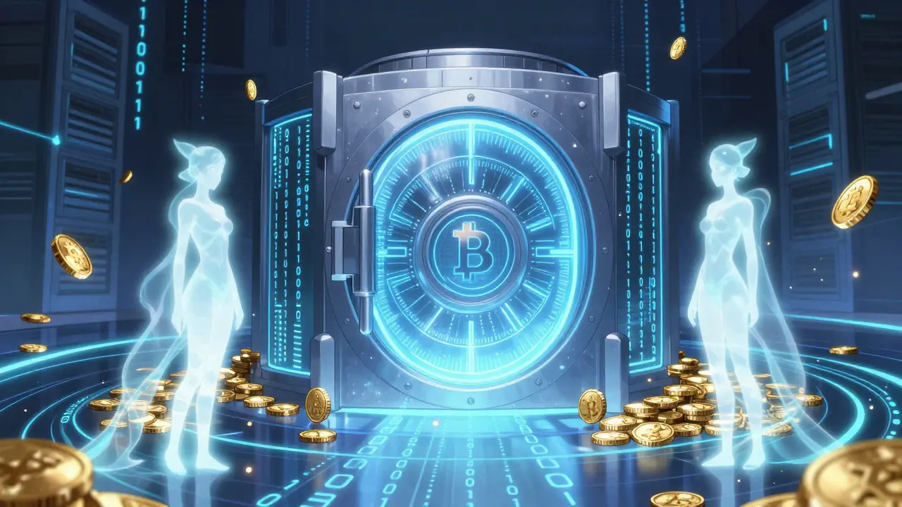 Anime style digital vault protected by light guardians, symbolizing crypto asset security.