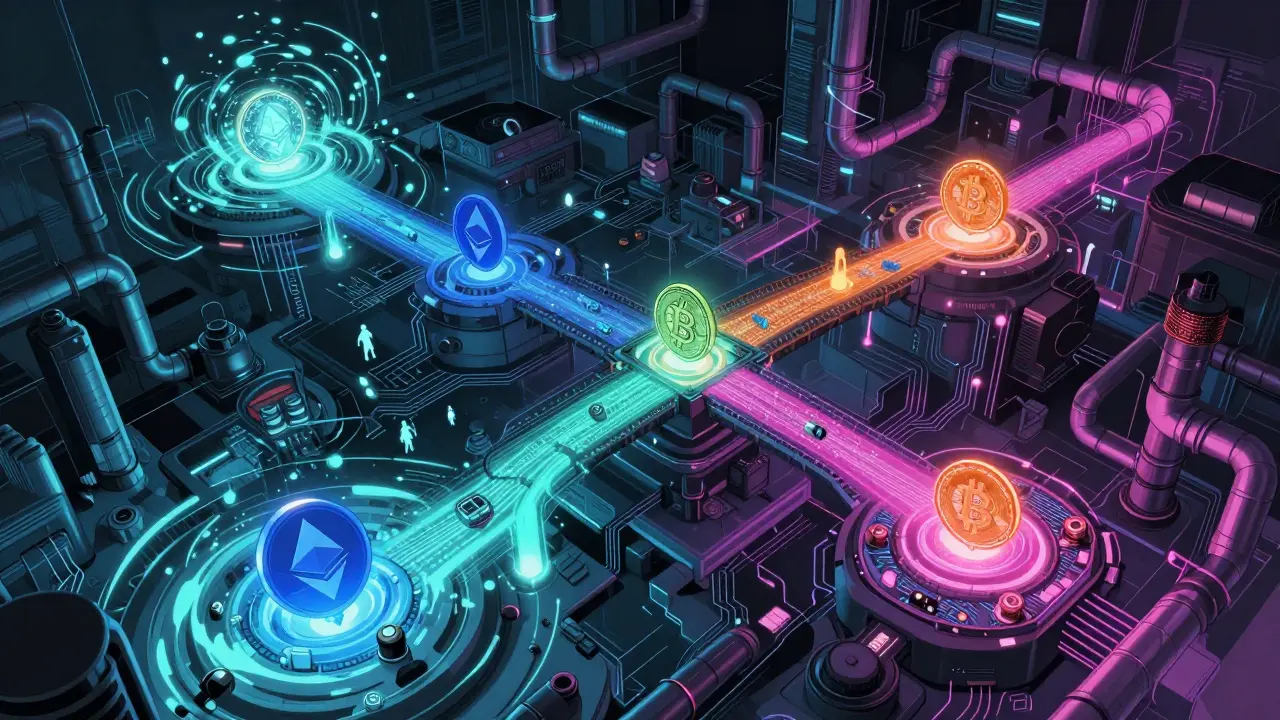 Anime style: Neon network illustrating crypto laundering via mixing services and cross-chain swaps.