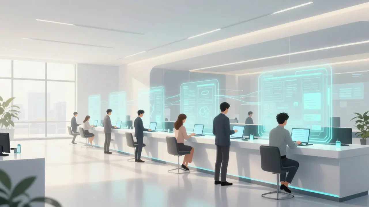 Anime style scene showing seamless, invisible blockchain infrastructure in a modern bank.