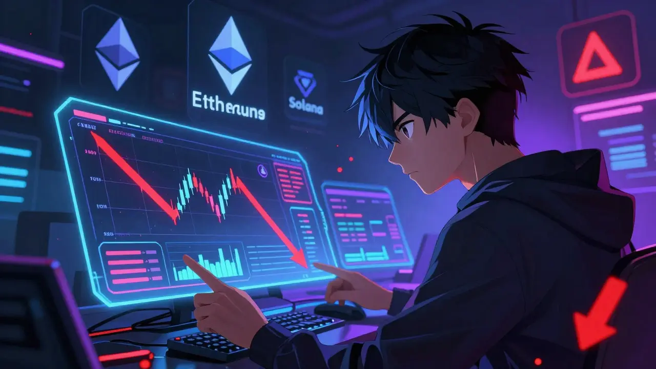 Anime trader looking at volatile crypto charts in neon room