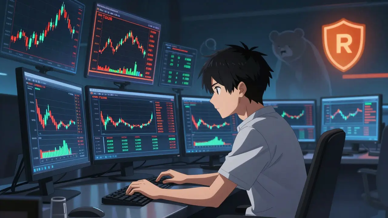Anime trader monitoring volatile TAUR crypto charts on screens