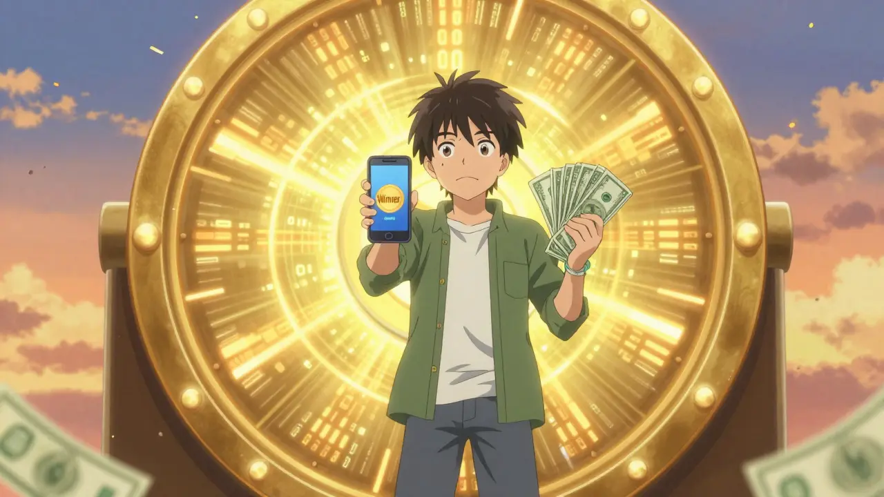 Anime winner celebrating a prize while securely holding their original savings deposit.