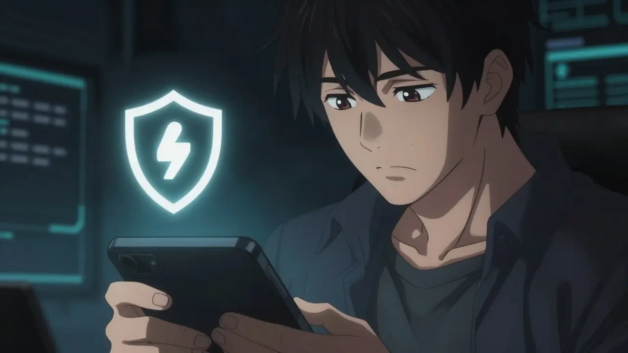 Cautious anime trader reviewing security settings before blockchain swap