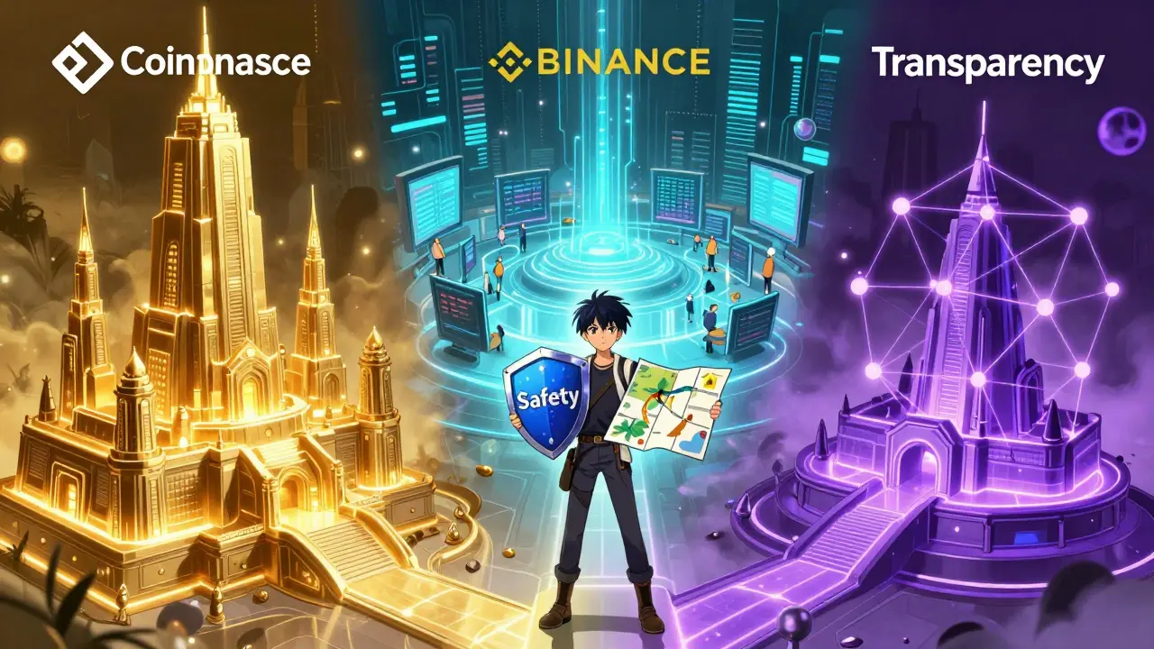 Character choosing safe, modern crypto platforms over risky alternatives