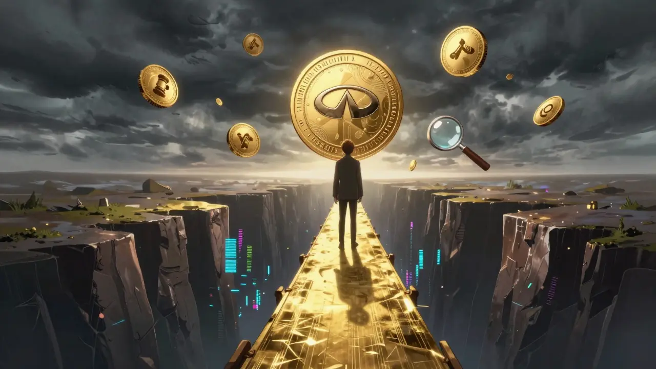 Character on a bridge between gold and digital risk, anime