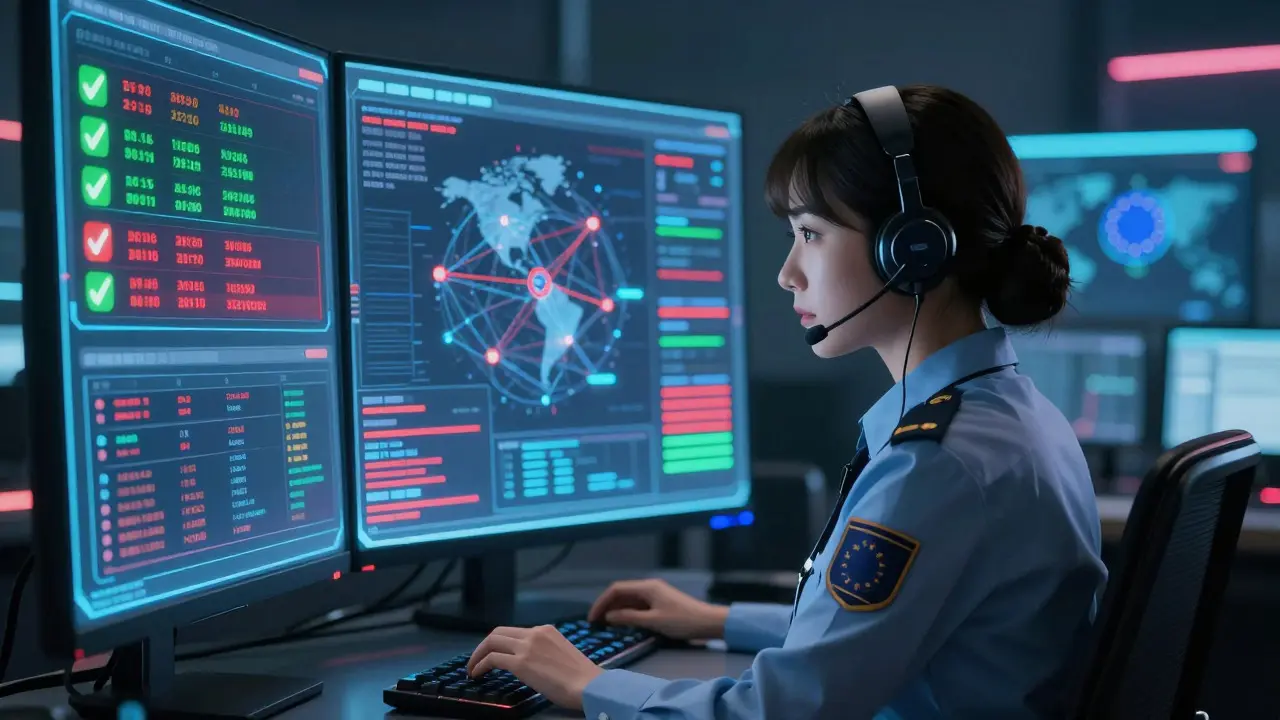 Compliance officer monitoring holographic transaction screens in a cyberpunk room