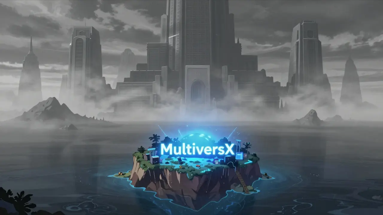 Conceptual anime art of isolated MultiversX island vs giant exchanges