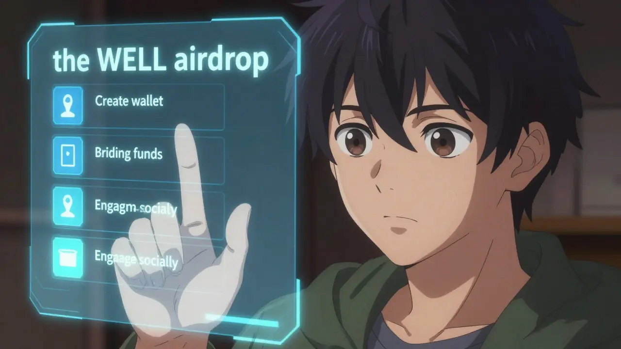 Detailed anime close-up of a user navigating through virtual steps required to qualify for the WELL token distribution, highlighting engagement and technical interaction.
