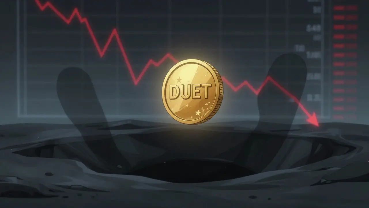 Fragile DUET coin hovering over a void representing low liquidity risks