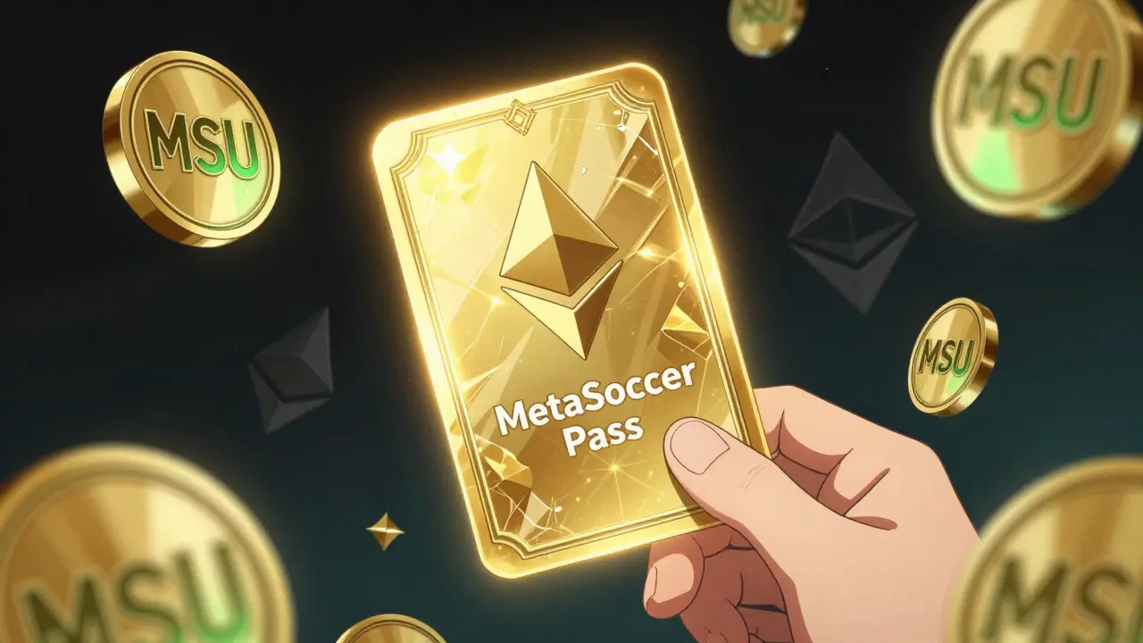Glowing MetaSoccer Pass NFT card surrounded by floating MSU tokens