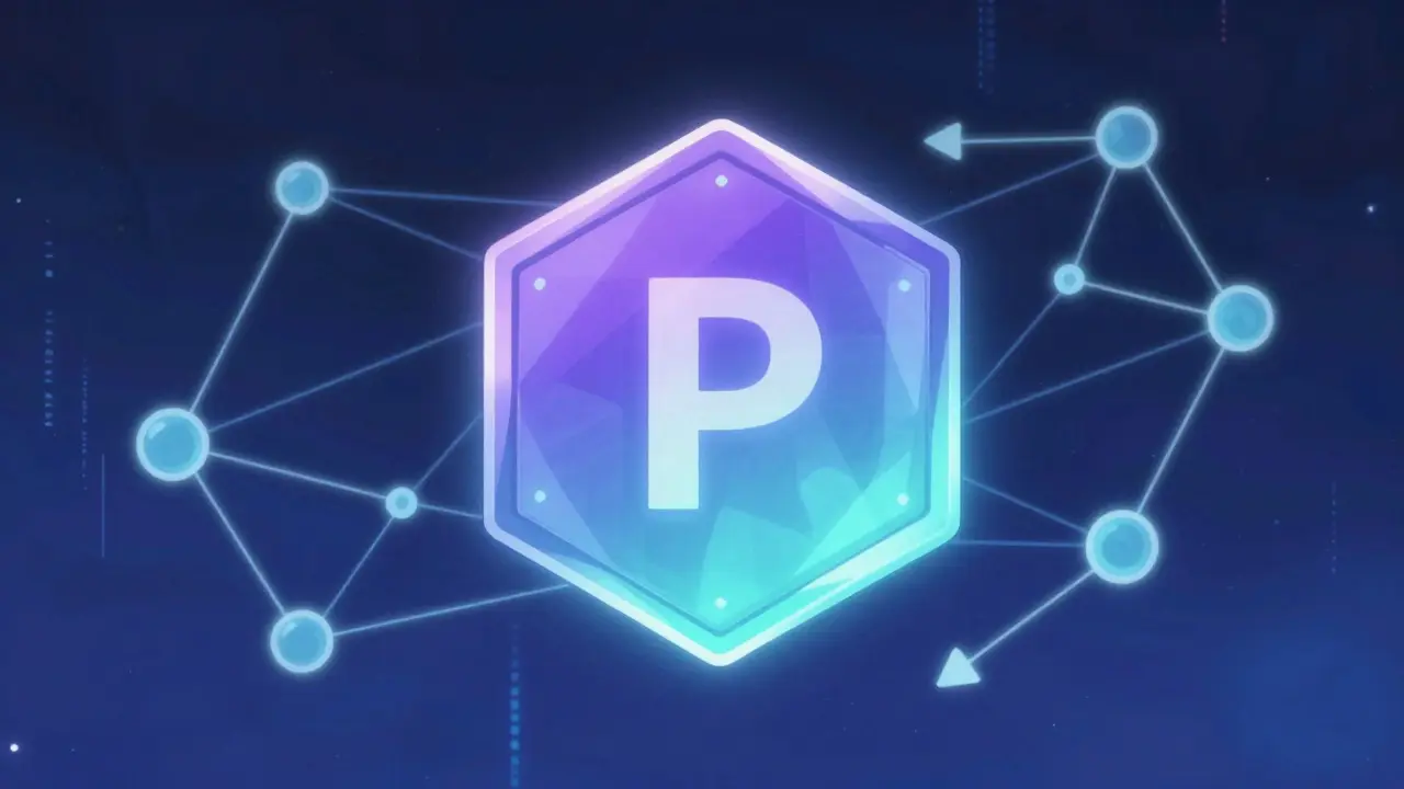 Glowing POOL governance token surrounded by abstract network connections in anime style.