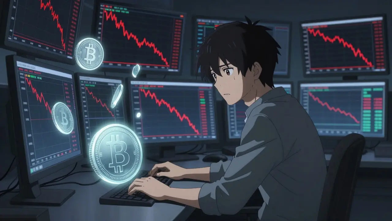 Lonely anime trader surrounded by fading coins and red market charts