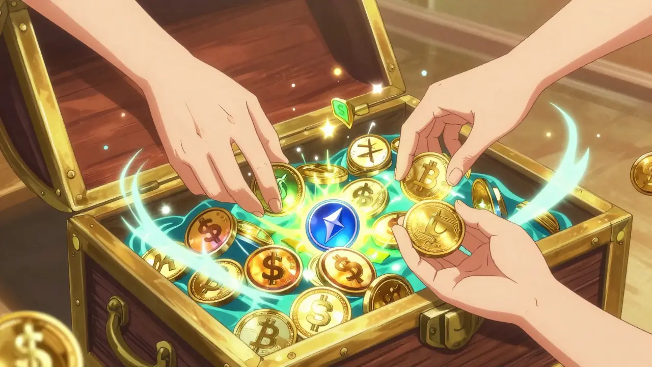 Magical liquidity pool with glowing crypto tokens being swapped by hands