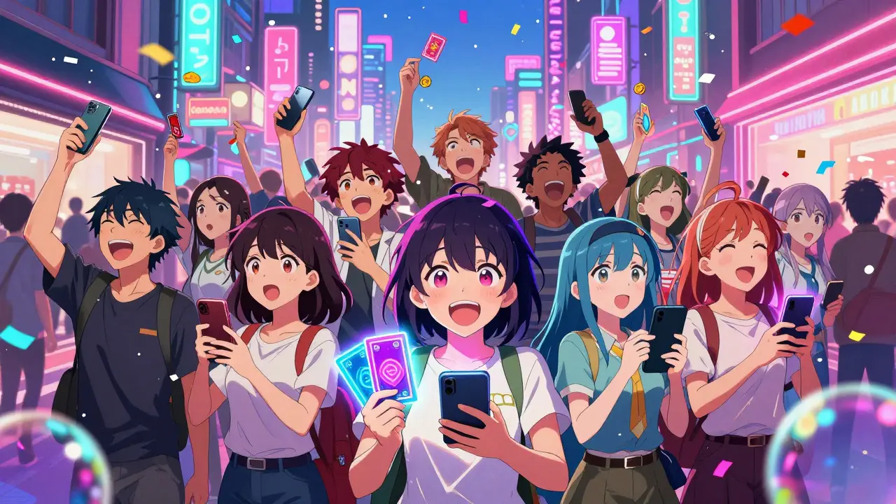 Manga art showing crowds celebrating during the 2017 crypto bull run frenzy