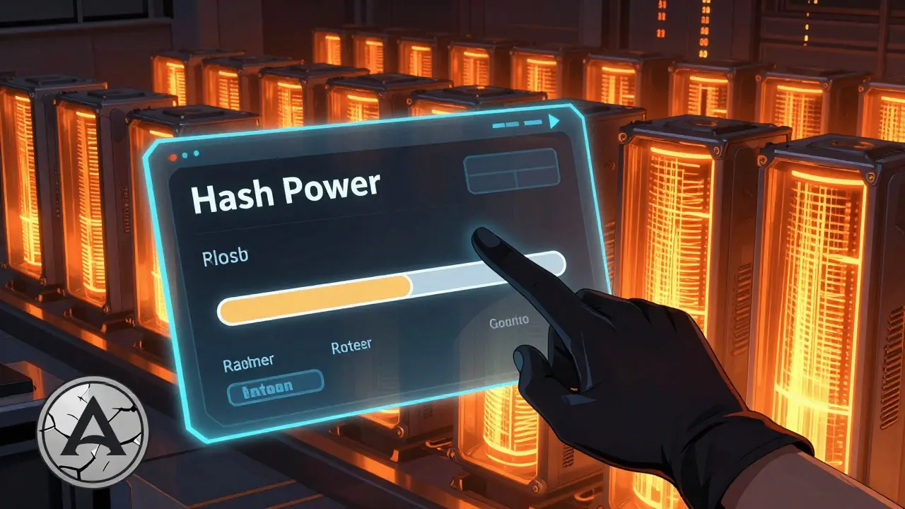 Manga illustration of renting hash power from mining rigs to attack a weak coin.