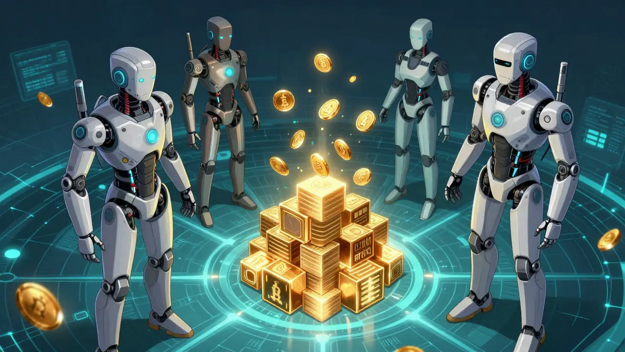 Robot avatars managing digital assets on a blockchain grid in anime style