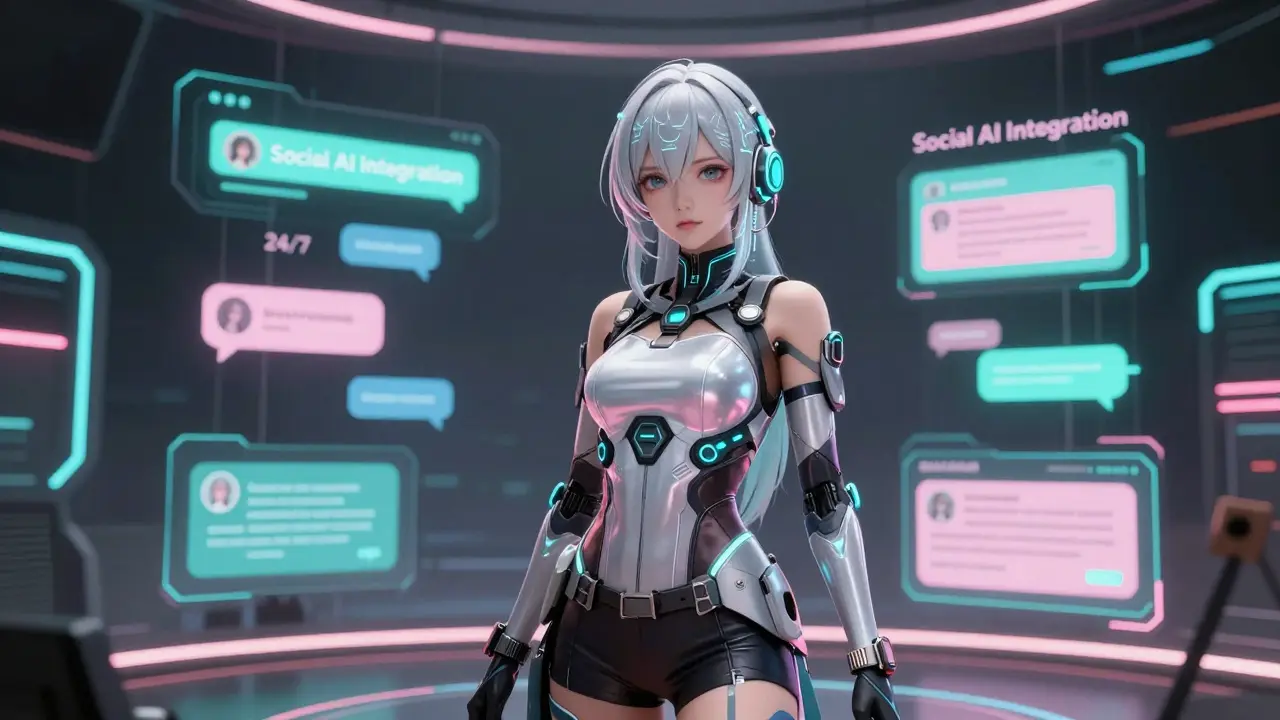 Sci-fi anime digital influencer ALICEAI in a virtual gaming environment