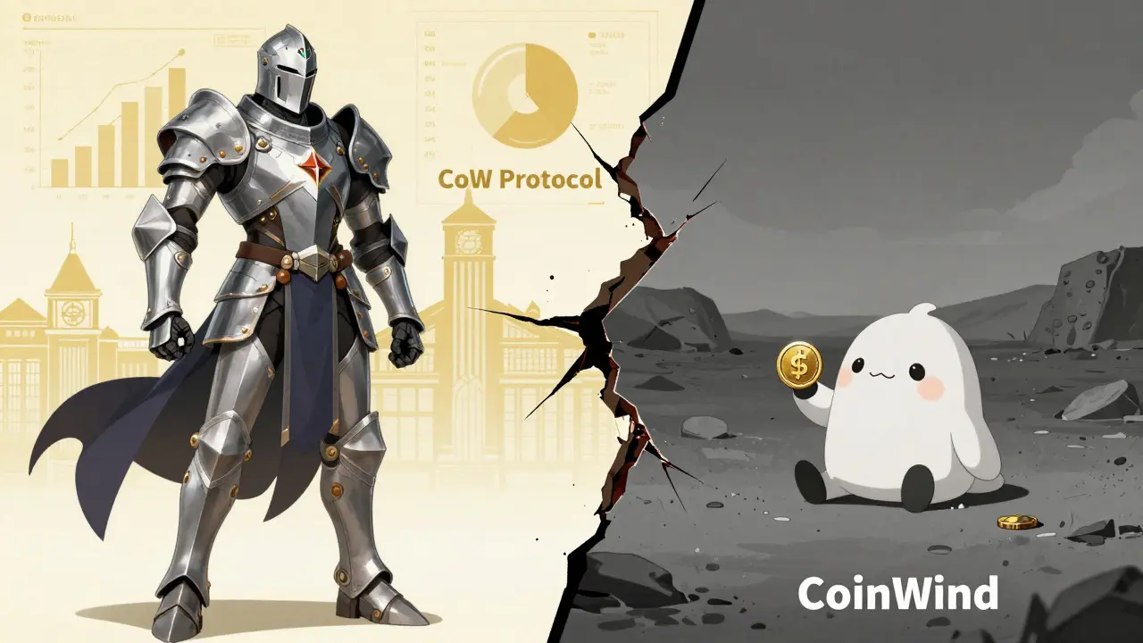 Split screen comparing valuable CoW Protocol vs low-value CoinWind
