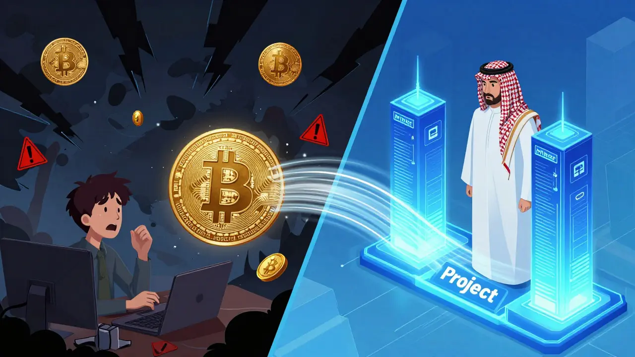 Split view of banned crypto chaos vs regulated blockchain tech