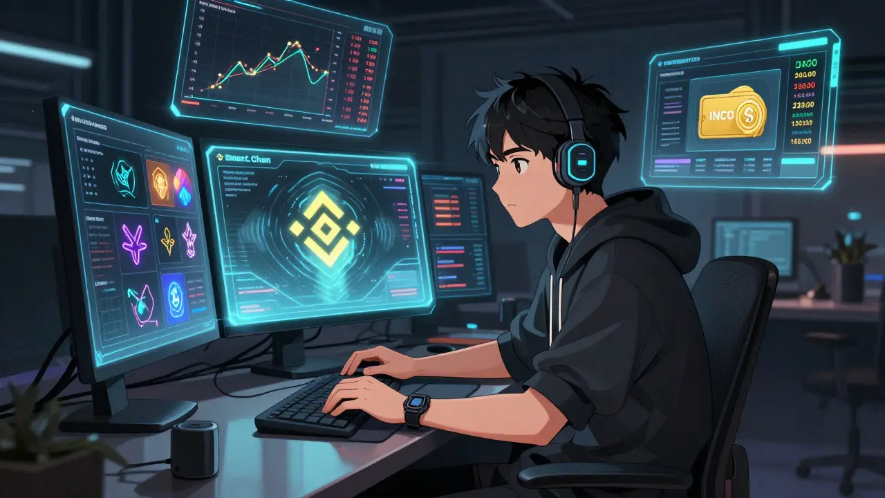 Trader using holographic DeFi and NFT screens in anime art