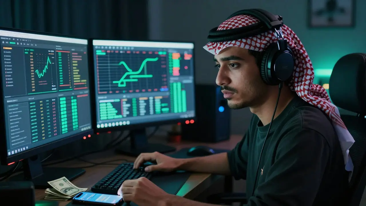 Young man trading crypto via P2P platforms on computer screens