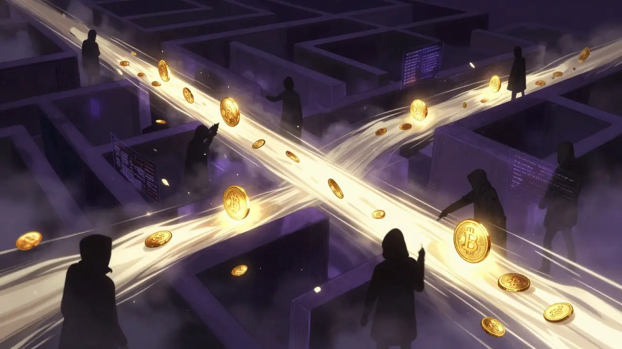 Abstract anime art of crypto funds moving through dark tunnels