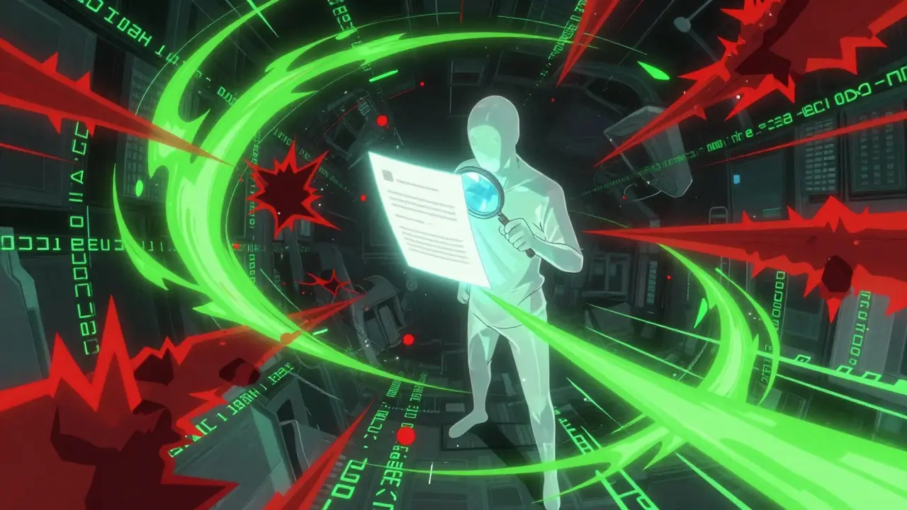 Abstract anime scene showing data streams and a figure inspecting a digital contract