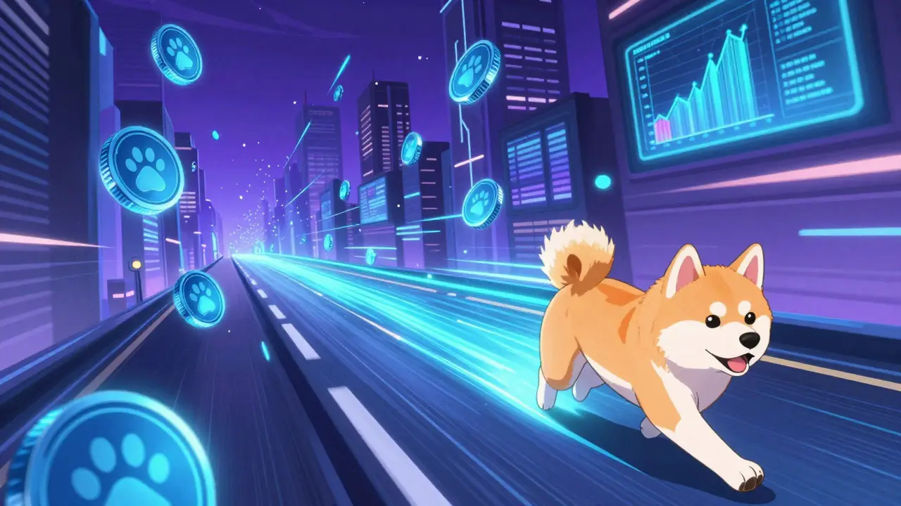 Akita puppy running through a neon digital Solana blockchain network