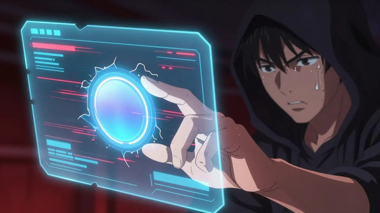 Anime character hesitating before clicking a glowing, corrupted button while a shadowy figure watches
