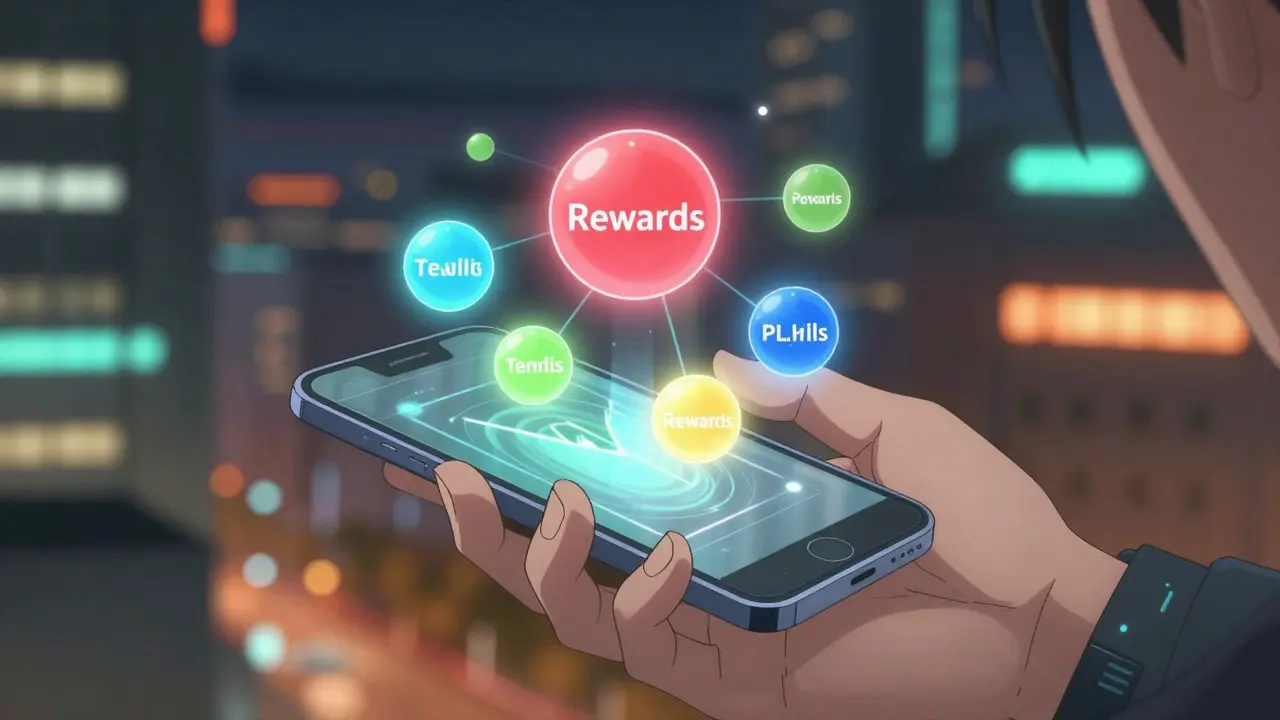 Anime character holding a device projecting colorful energy orbs representing token allocation