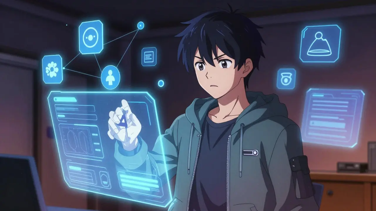 Anime character interacting with holographic interfaces in a dark room surrounded by digital nodes