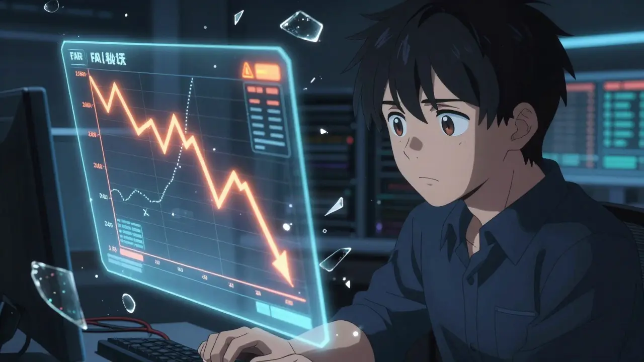 Anime character looking worried at a holographic chart showing a steep crypto price crash