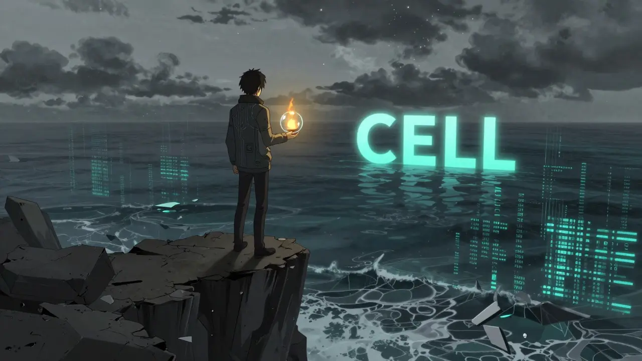 Anime character on a cliff overlooking a digital ocean, holding a fragile flame, symbolizing crypto investment risks