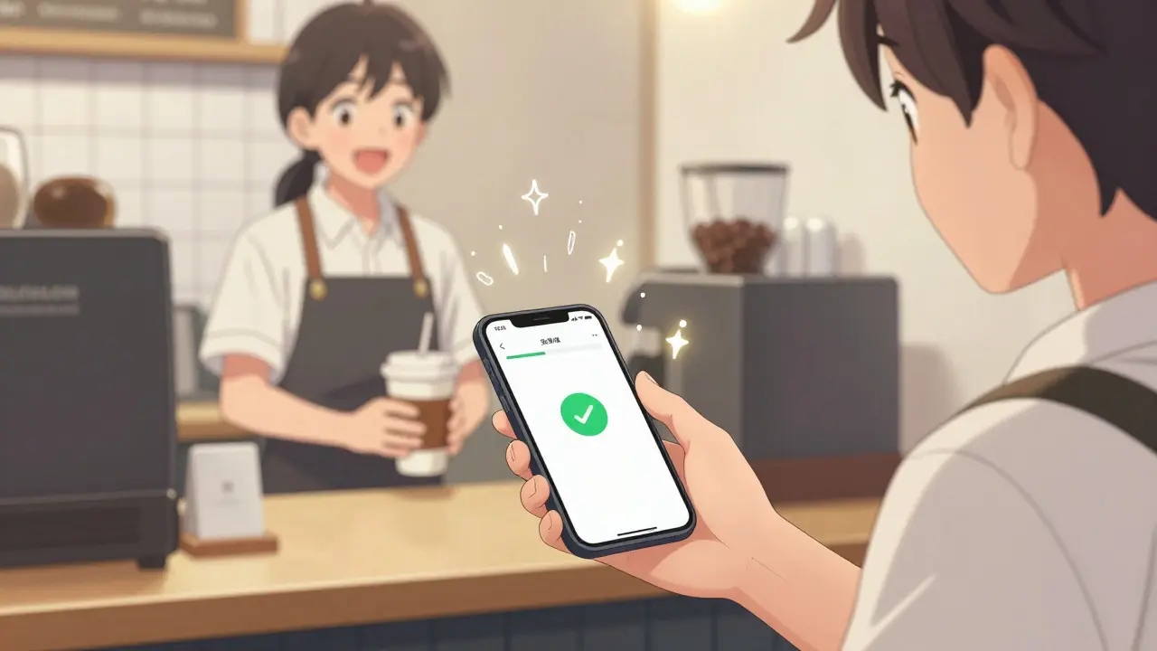 Anime character paying for coffee instantly with low fees via smartphone app.